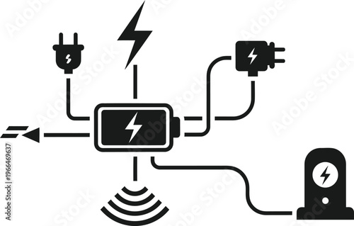 Complex energy system diagram with battery charging and wireless power flow connections with smart grid