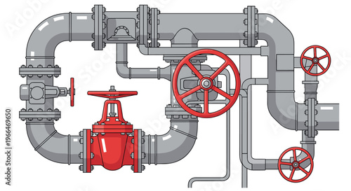 Complex industrial plumbing system featuring grey pipes, bolts, and multiple large red circular wheel valves for control.