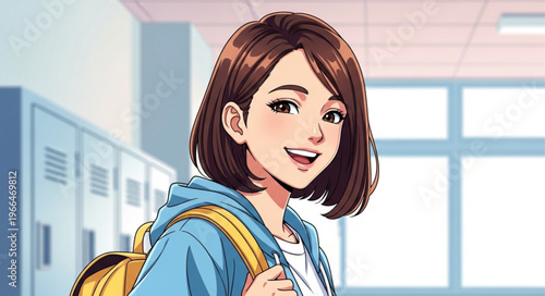 Anime Girl with Backpack in School Hallway.