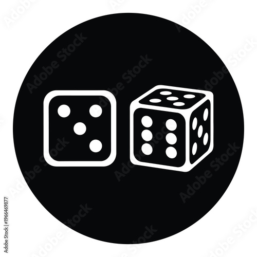 Two white dice on a black circular background for gaming and chance concepts icon