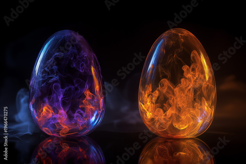 Transparent eggs filled with colorful smoke, abstract concept, dark background, vibrant contrast