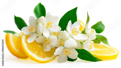 Fresh lemon slices with white jasmine flowers and green leaves isolated on white background