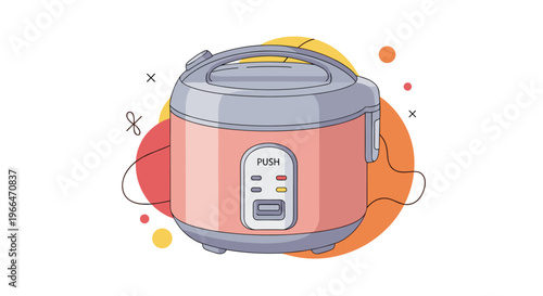 Modern pink and gray electric rice cooker appliance shown with abstract decorative shapes for kitchen equipment and home appliance marketing.