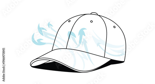 Breathable white baseball cap illustration featuring blue air flow arrows for cooling comfort and ventilation during outdoor sports activities.