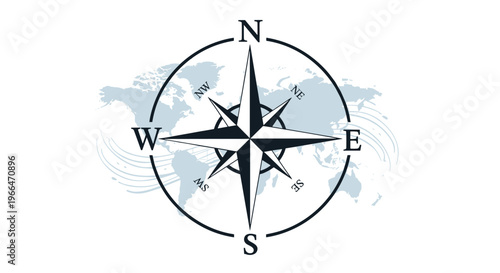Traditional compass rose design on a light blue world map background representing global navigation, travel, and geographical exploration.