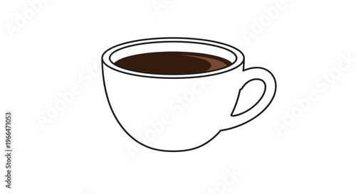 Simple white ceramic mug filled with dark black coffee or tea representing morning routines, caffeine, and break time on a white background.