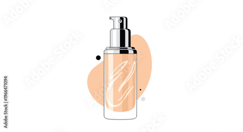 Glass bottle of liquid foundation makeup with a pump dispenser and abstract skin tone shapes for beauty and cosmetics advertising.