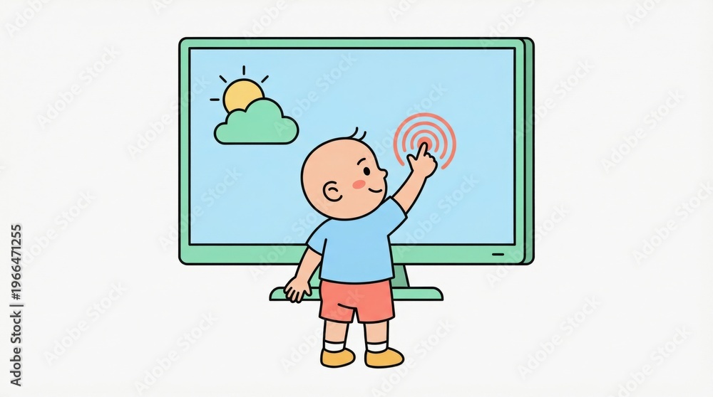 Naklejka premium child touchscreen tv concept. Toddler interacting with a touchscreen displaying a sunny sky and cloud graphic.