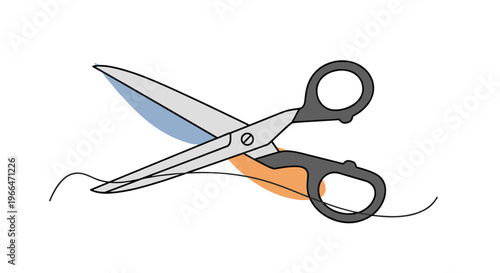 Sharp metal scissors with black handles shown cutting a thin thread or wire representing tailoring, sewing, and craft projects for hobbyists.