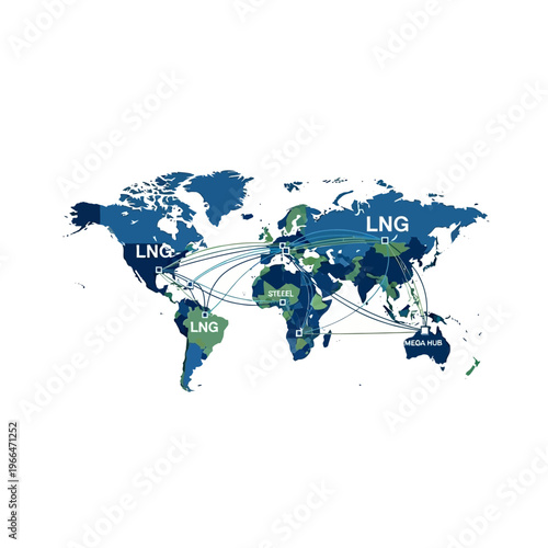 Global LNG trade routes visualized on a world map, highlighting key import and export hubs.