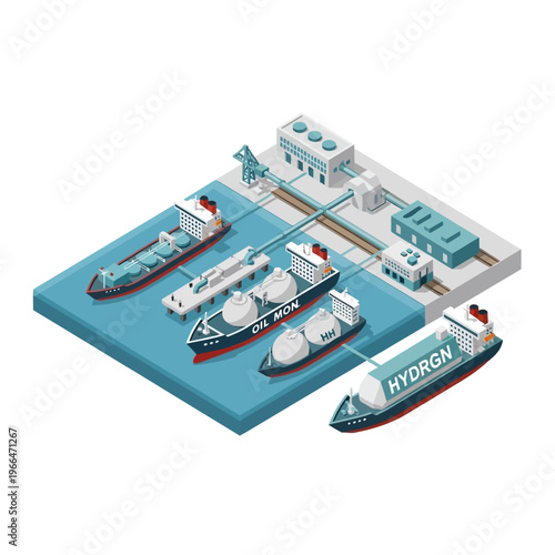 Illustration of a futuristic hydrogen and LNG import terminal with specialized ships and infrastructure for energy transfer and storage.