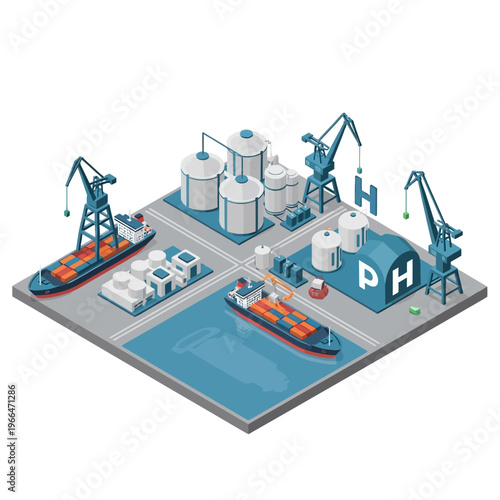Isometric illustration of a modern industrial port with cargo ships, cranes, and storage tanks, showcasing logistics and manufacturing operations.
