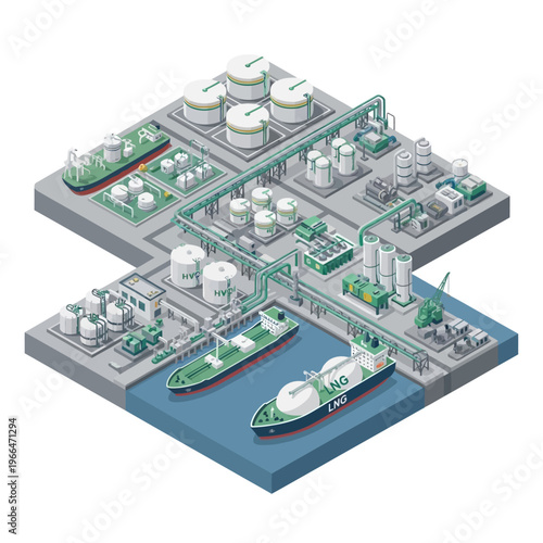 Isometric illustration of a large-scale liquefied natural gas (LNG) processing and storage facility with ships and infrastructure.
