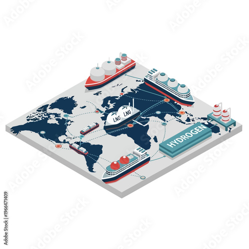 Global energy trade routes visualized with ships transporting LNG and hydrogen across a world map.