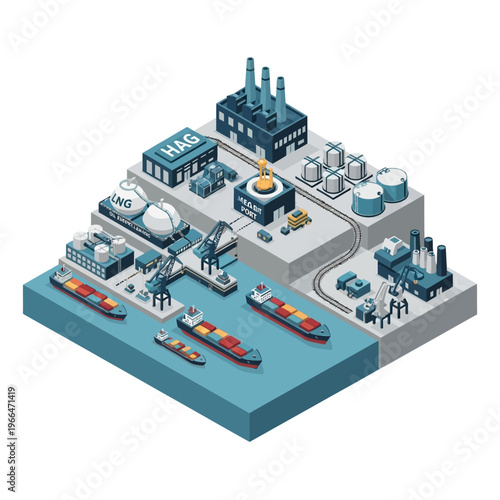 Isometric illustration of a modern industrial port complex with cargo ships, LNG tanks, factories, and logistics infrastructure.