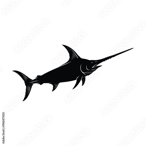 Black silhouette of a sailfish swimming to the right white background