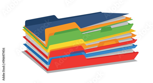 Stack of multi-colored file folders containing documents representing organized office work and administrative data management.
