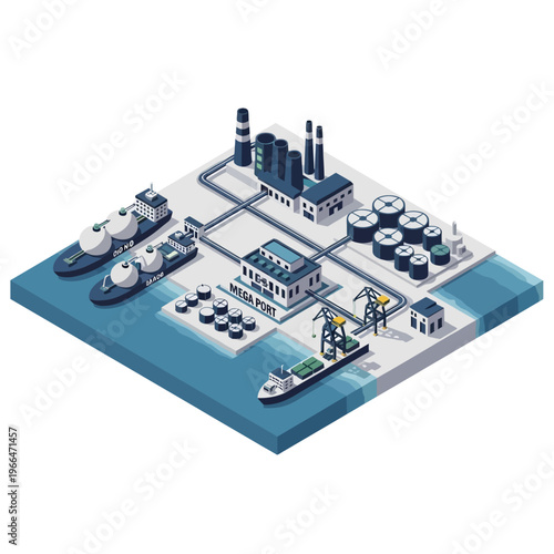 Isometric illustration of a large industrial complex featuring a port with ships, storage tanks, processing plants, and loading cranes.