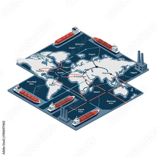 Global logistics and supply chain management illustration showing international shipping routes and import/export flows across a world map.