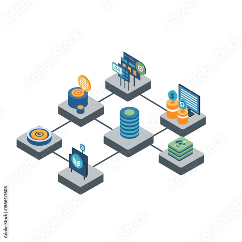 Abstract representation of a decentralized network connecting various digital assets and data storage solutions.