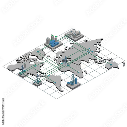 Global energy infrastructure network connecting industrial facilities across continents on a world map.