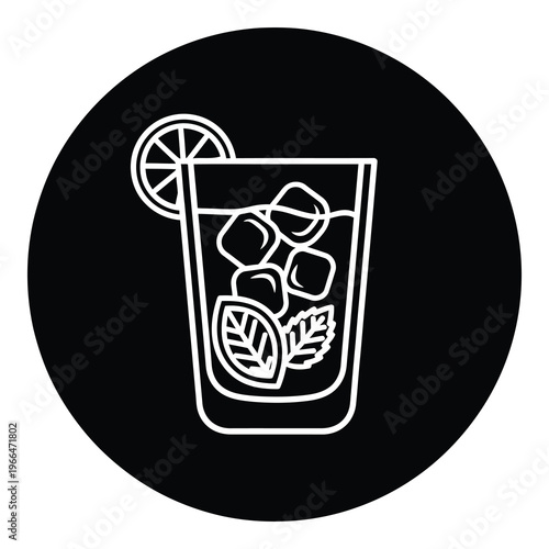Glass of refreshing lemonade with ice cubes and mint leaf illustration icon