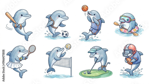  Set of funny cartoon cute Dolphin animals in playful sports vector style featuring smiling characters for kids toy illustration collection