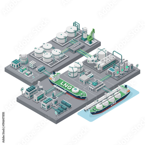 Isometric illustration of a large-scale liquefied natural gas (LNG) terminal with ships, storage tanks, and processing facilities.