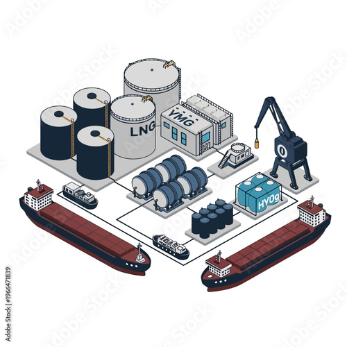 Isometric illustration depicting a modern industrial port facility for the storage and transfer of liquefied natural gas (LNG) and hydrogen, with ships and specialized transport vehicles.