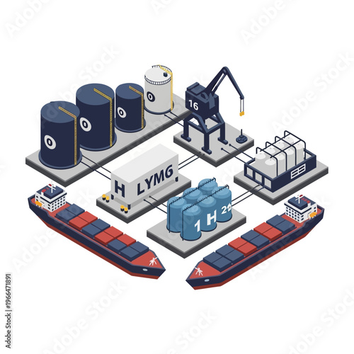 Isometric illustration of a modern industrial port facility with cargo ships, storage tanks, and a crane, depicting logistics and supply chain operations.