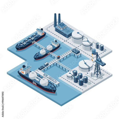 Isometric illustration of an LNG terminal with ships, storage tanks, and industrial facilities, depicting the liquefied natural gas supply chain.