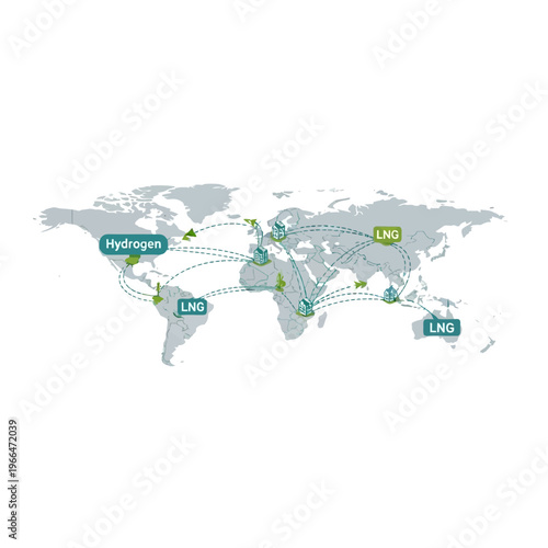 Global map illustrating the international trade routes for hydrogen and liquefied natural gas (LNG) with production and consumption points marked across continents.