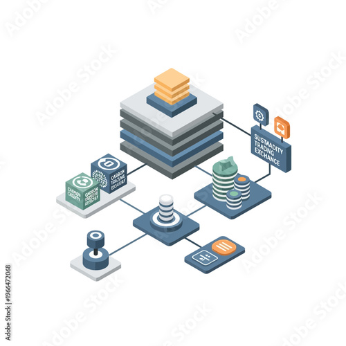 Isometric illustration of a decentralized digital currency exchange system with blockchain technology, servers, and cryptocurrency symbols.