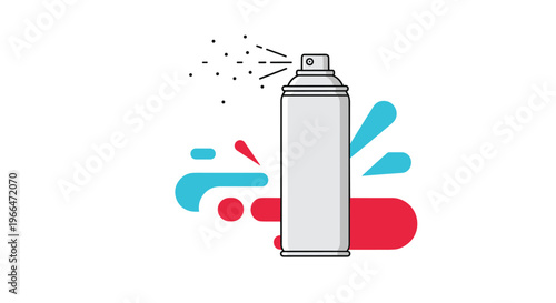 Silver aerosol spray paint can emitting a fine mist with vibrant red and blue color splashes in the background of the image.