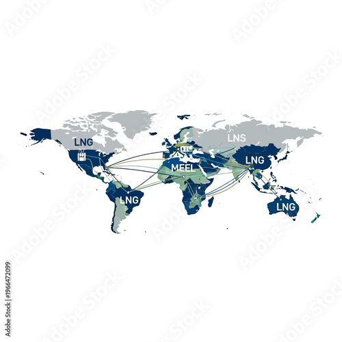 Global map illustrating the interconnectedness of Liquefied Natural Gas (LNG) and Liquefied Natural Gas Shipping (LNS) routes across continents, highlighting key regions and trade flows.