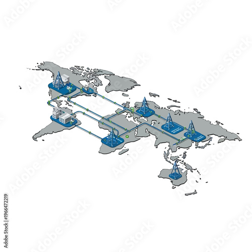 Global energy infrastructure illustrating offshore oil and gas extraction, transportation pipelines, and onshore processing facilities across continents.