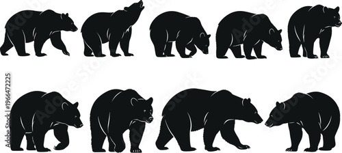 Black bear silhouette collection, wild animal poses walking standing sniffing, nature wildlife graphic design set for educational artistic illustration