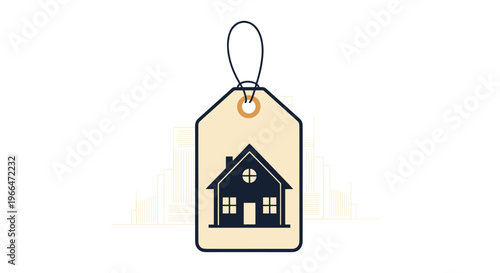 Simple price tag illustration with a dark house icon in the center and a city skyline background representing real estate sales.