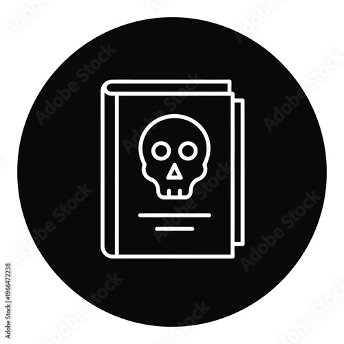Icon of white book with skull on black circle background icon