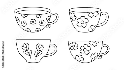 Teacup line icons set floral cup collection outline style drink beverage elements minimal aesthetic