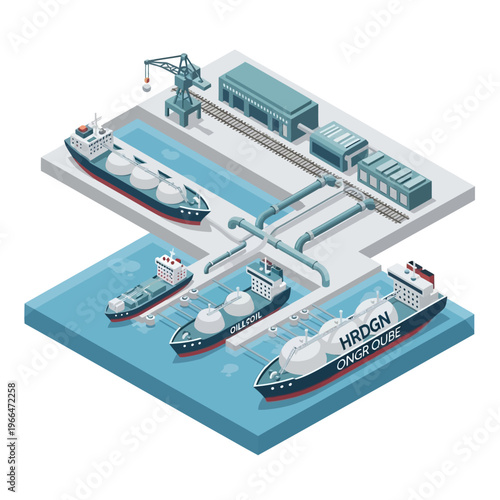Isometric illustration of a liquefied natural gas (LNG) terminal with ships and industrial infrastructure.