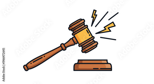 Wooden judge gavel striking a sound block with small yellow sparks illustrating a legal decision or a final court ruling.