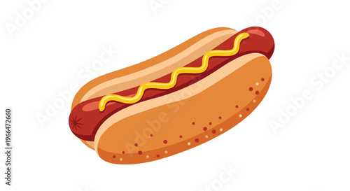 Classic American hot dog with a grilled sausage topped with a wavy line of yellow mustard inside a soft toasted bread bun.