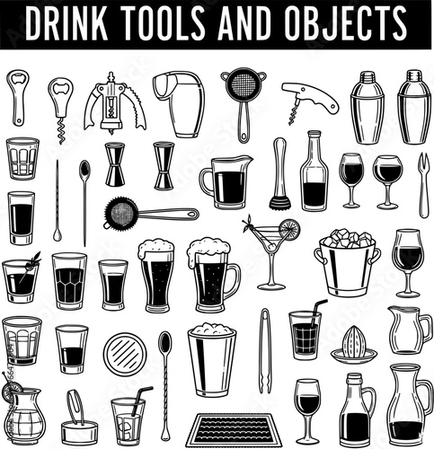 Set of Drink Tools, Barware, and Glassware for Cocktails, Beer, and Wine - Black and White Outline Illustrations