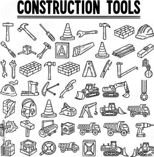 Detailed Black and White Outline Icons of Construction Tools, Heavy Machinery, and Equipment for Building and Industrial Projects