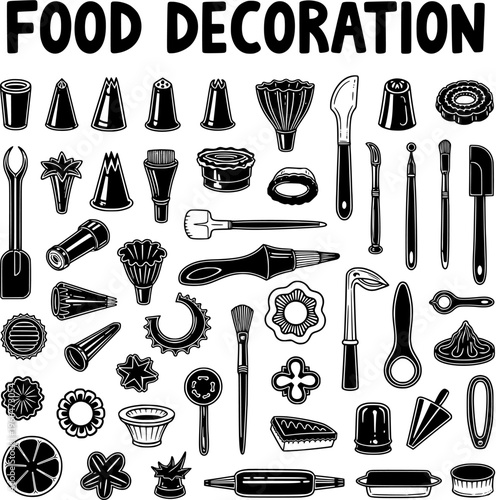 Food Decoration Tools  Baking Equipment Vector Set: Kitchen utensils, pastry nozzles, cookie cutters, spatulas for cakes, desserts, and culinary crafts.