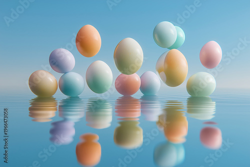 Floating eggs casting colorful reflections on water surface, minimal surreal composition
