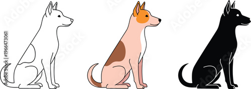 Dog sitting silhouette outline colored design, black and white pet artwork collection, abstract canine emblem for domestic animal illustration