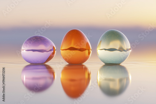 Floating eggs casting colorful reflections on water surface, minimal surreal composition
