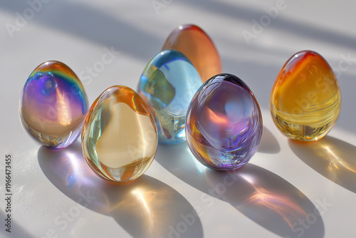 Glass eggs refracting rainbow light on a white surface, clean modern style